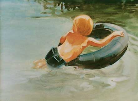 Boy, Tube and Water - an Oil Painting by Olga Kornavitch-Tomlinson