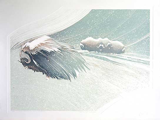 Wind & Drifting Snow - Muskoxen - Lithograph by Roy Tomlinson